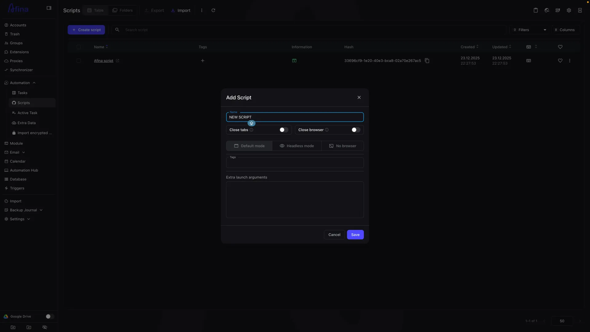 Afina Add Script window showing default, headless and no-browser run modes