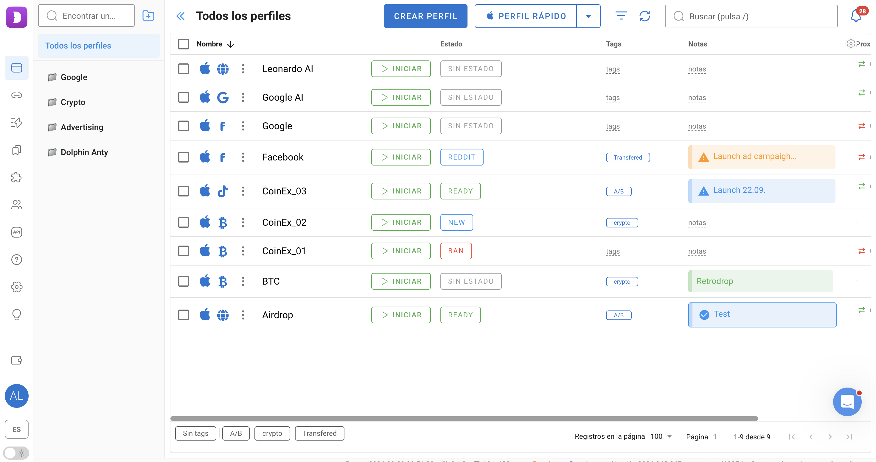 Dolphin Anty — Navegación entre perfiles (5)