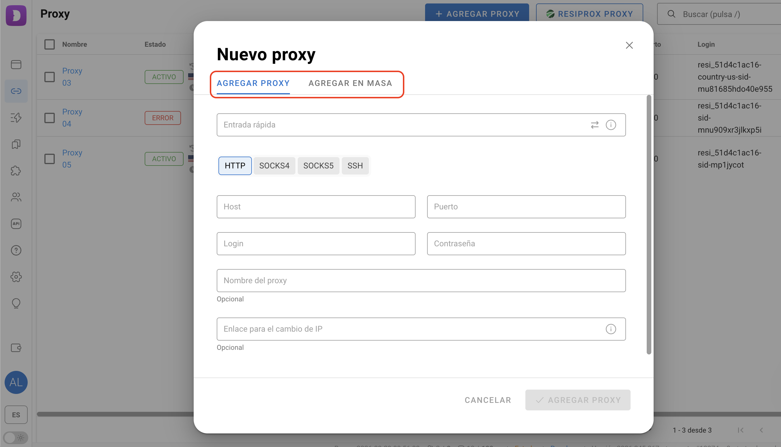 Dolphin Anty — Configuración de proxies (10)