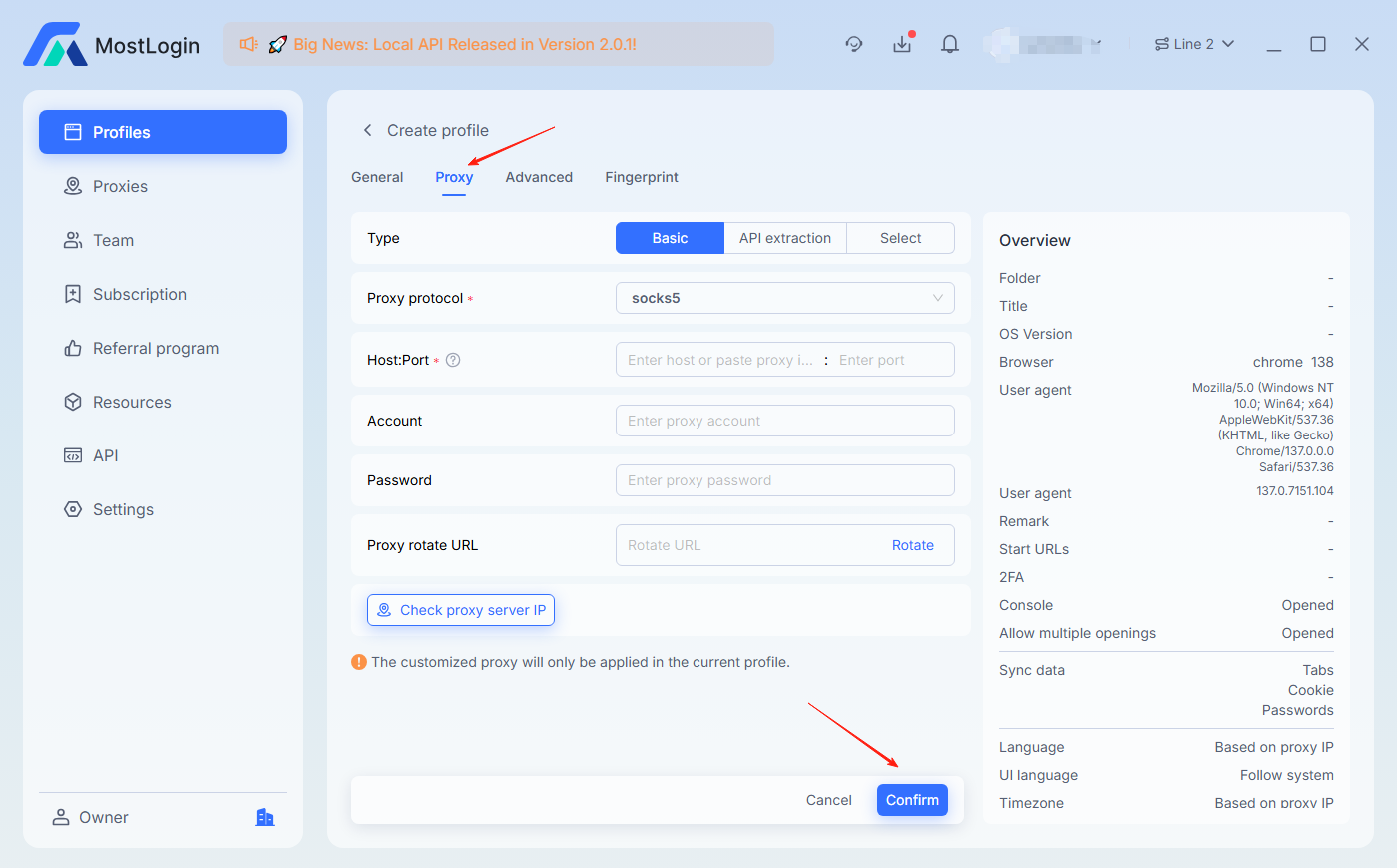 Cài đặt Proxy trong MostLogin